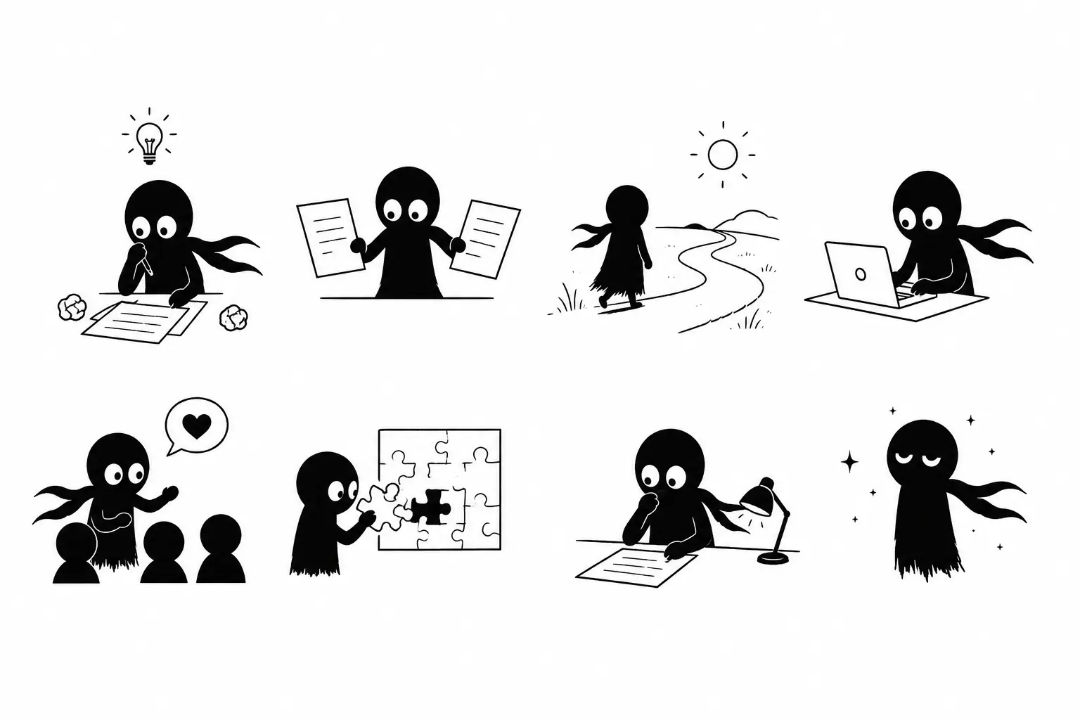 Illustration minimaliste en noir et blanc de Kiro testant et réécrivant une fin de roman à travers plusieurs étapes de réflexion, validation, exploration et partage d’idées.