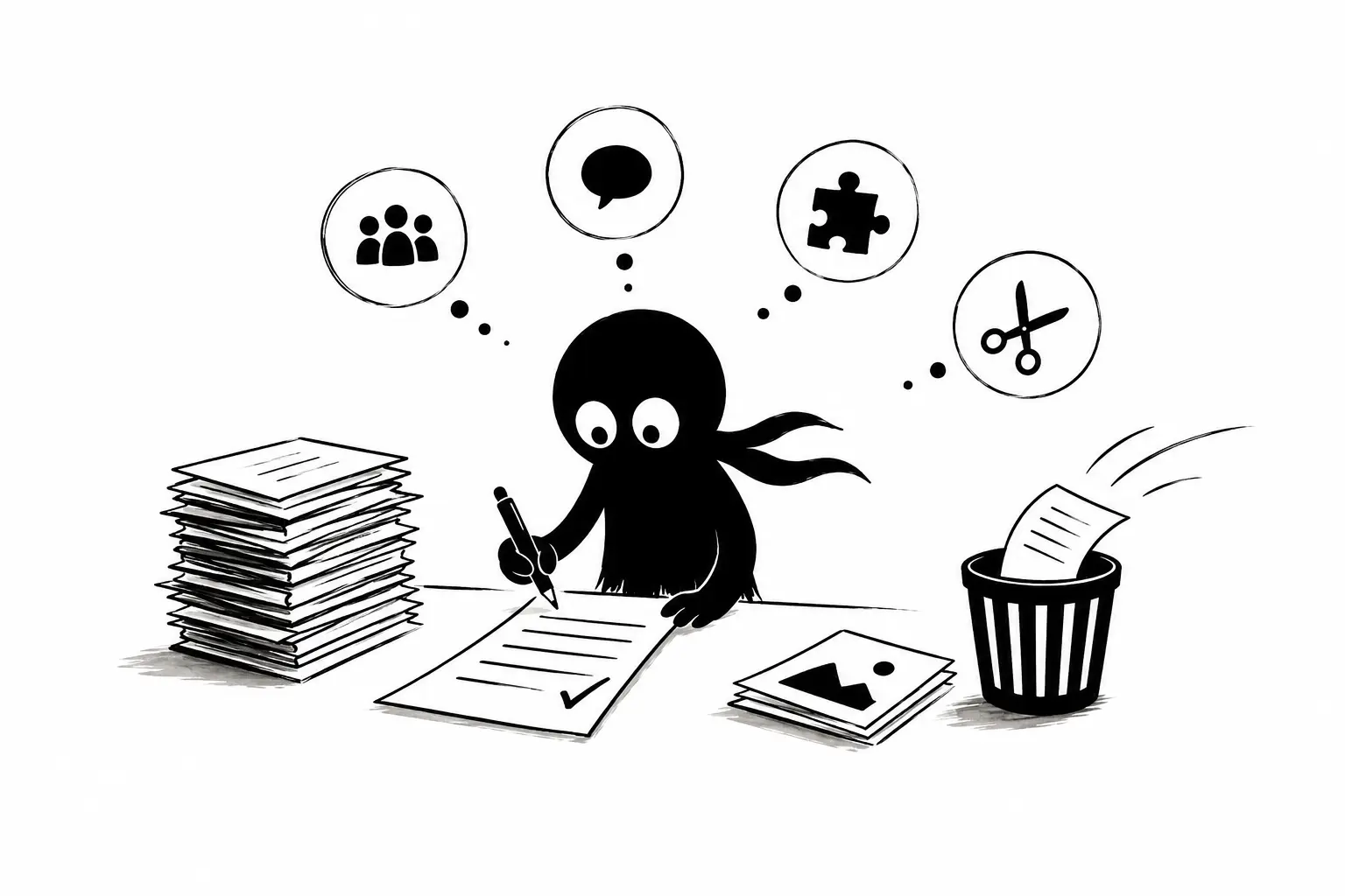 Kiro révise son manuscrit entouré de feuilles et de symboles créatifs dans une illustration minimaliste noir et blanc