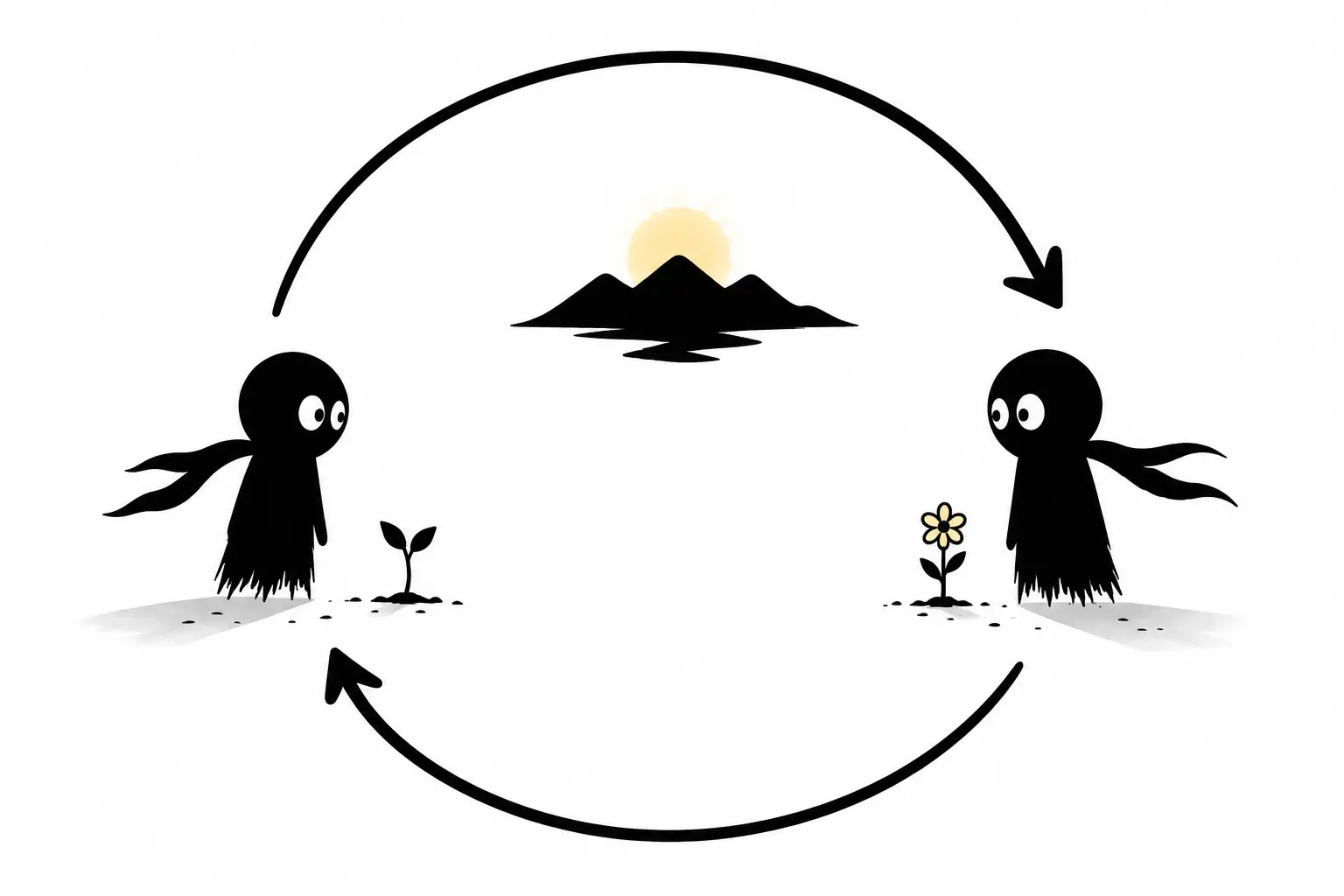 Kiro observe son reflet narratif entre le début et la fin de son voyage, illustrant la boucle du récit et la transformation intérieure.
