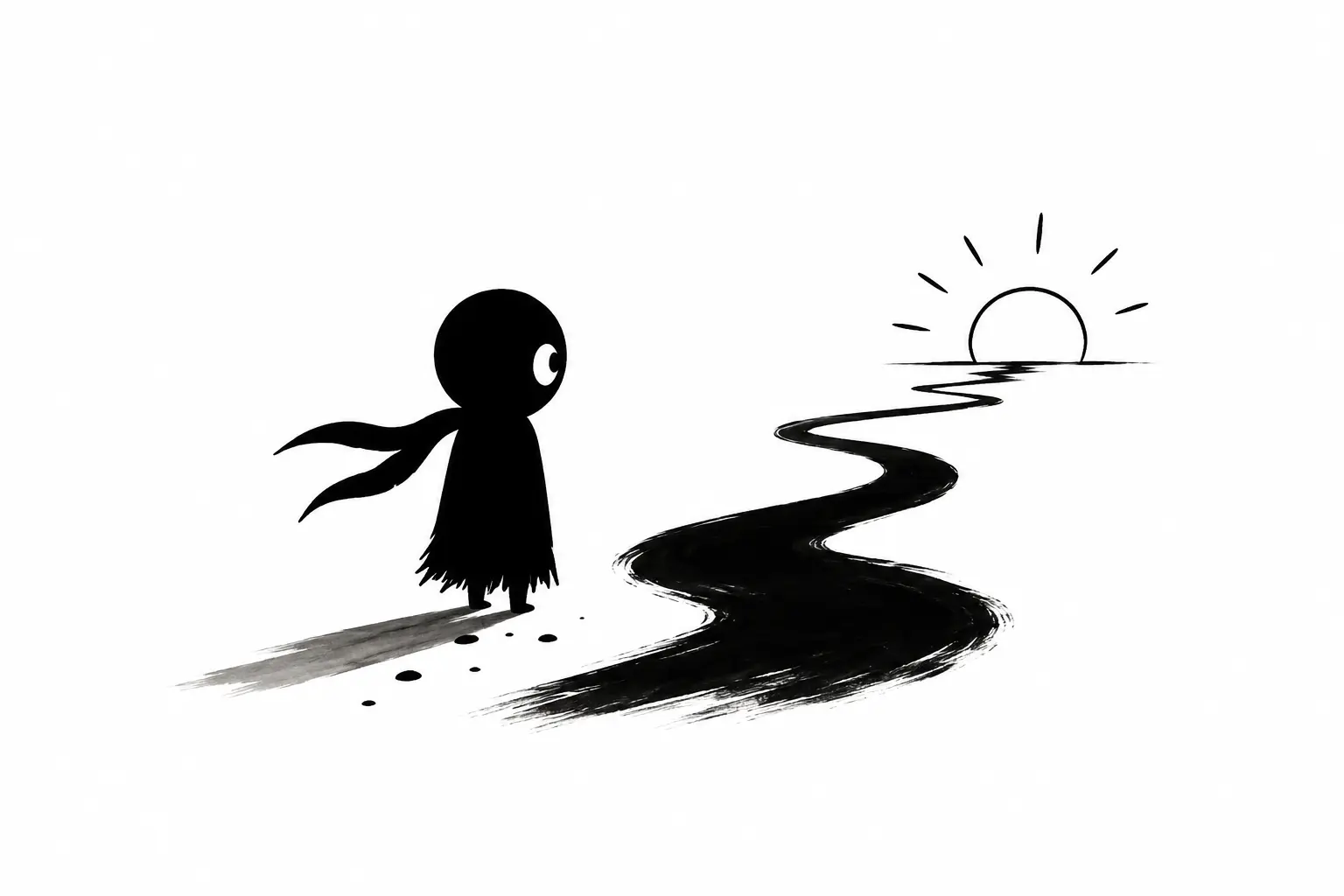 Kiro contemple un chemin noir sinueux menant vers un soleil lointain sur fond blanc minimaliste