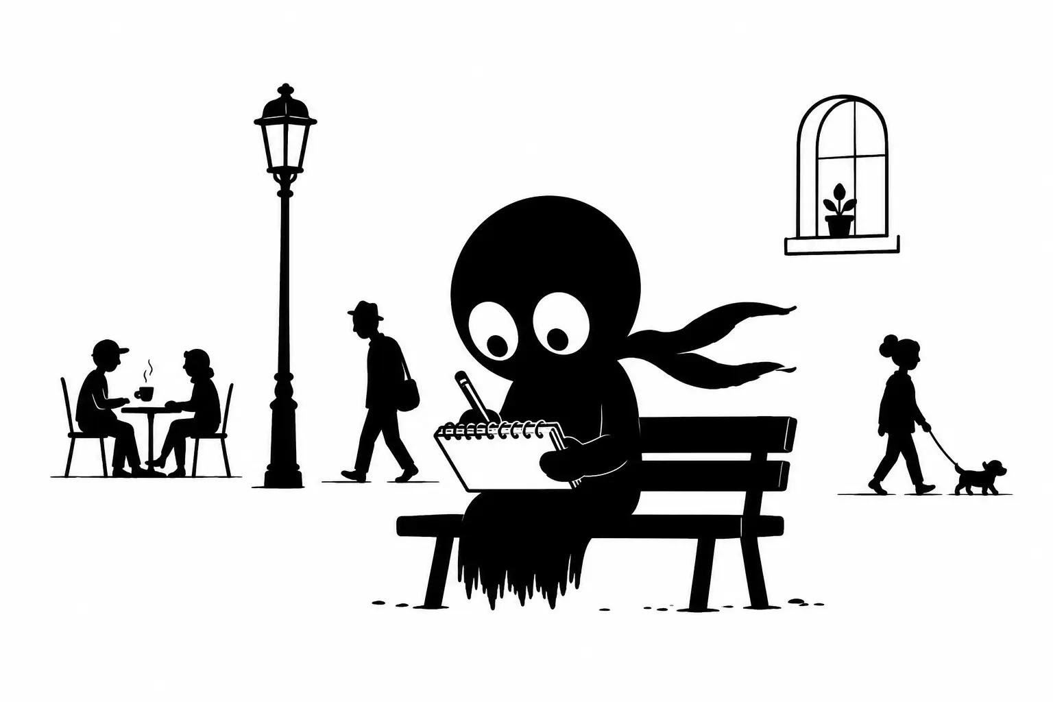 Kiro observe le monde depuis un banc public et note ses idées dans un carnet au milieu d’une scène urbaine minimaliste en noir et blanc.