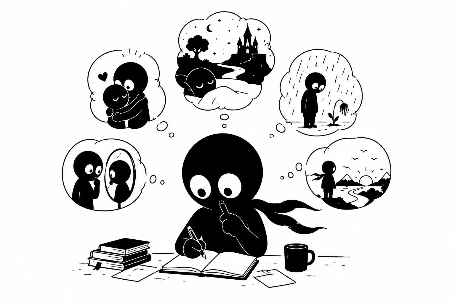 Kiro explore ses souvenirs, ses émotions et ses rêves pour nourrir son imagination et écrire de nouvelles histoires.