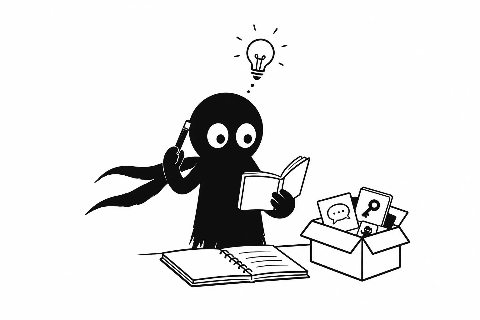 Kiro imagine de nouvelles idées grâce à la méthode du Et si avec un carnet, une ampoule et des déclencheurs créatifs sur fond blanc
