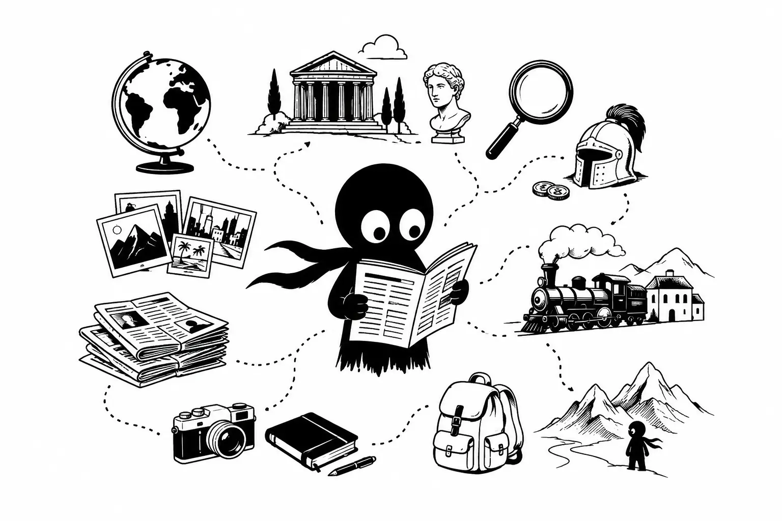 Kiro découvre l’inspiration à travers les journaux, les voyages et les récits historiques dans une illustration minimaliste en noir et blanc