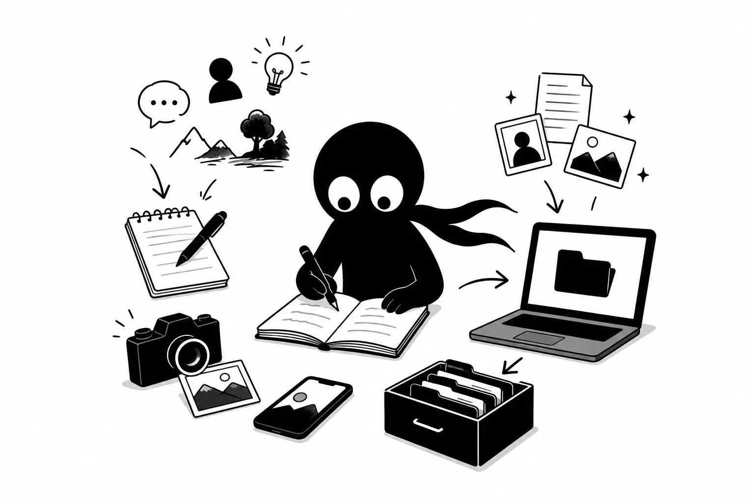 Kiro capture et organise ses idées créatives dans un carnet et des outils numériques pour construire ses futures histoires