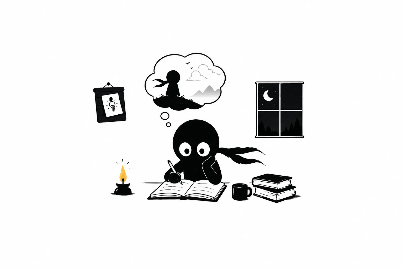 Kiro écrit dans un carnet à son bureau pendant la nuit, entouré de livres et plongé dans une rêverie créative sur fond blanc