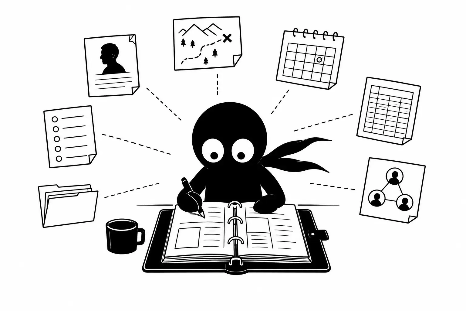 Kiro organise sa bible de roman avec des dossiers, des fiches personnages et des outils de planification dans une illustration minimaliste en noir et blanc.