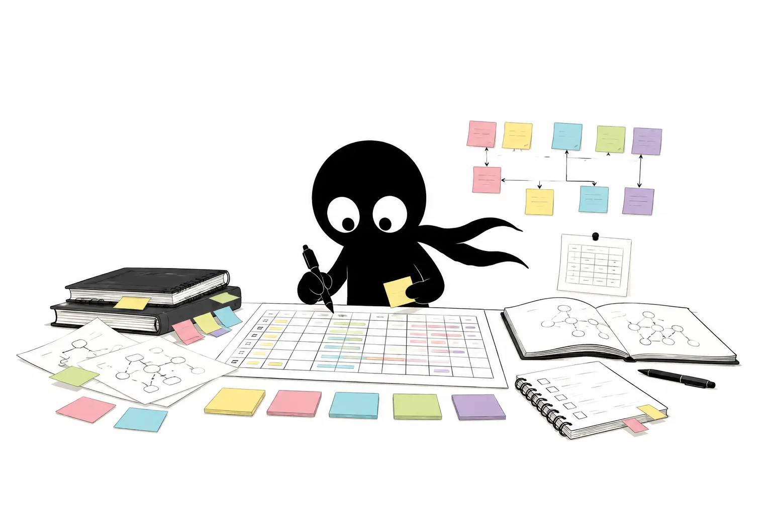 Kiro organise une intrigue complexe avec des notes, un tableau de chronologie et des schémas narratifs sur un bureau minimaliste blanc