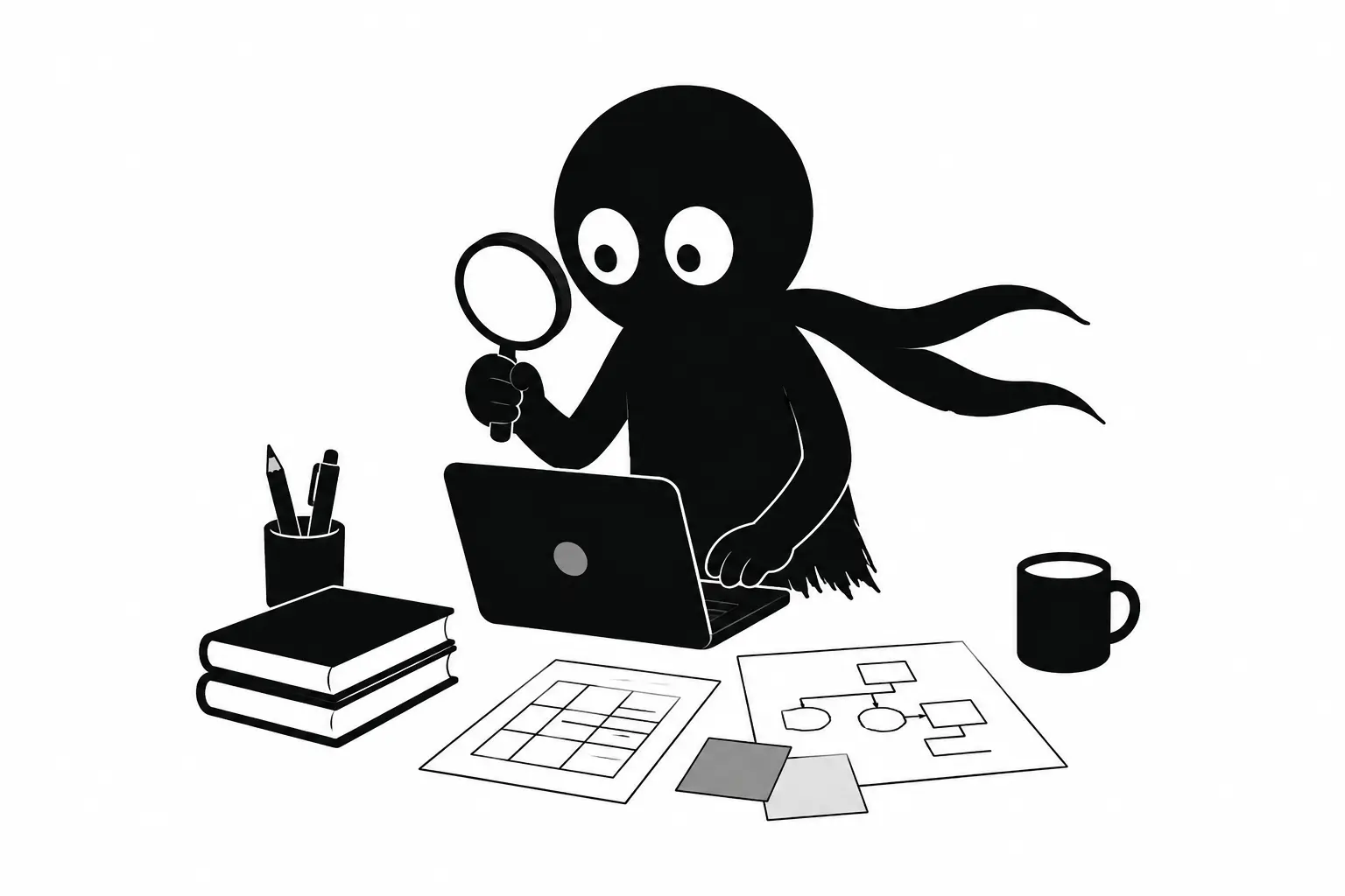 Kiro analyse des documents et vérifie des informations avec une loupe devant un ordinateur portable dans un espace de travail minimaliste