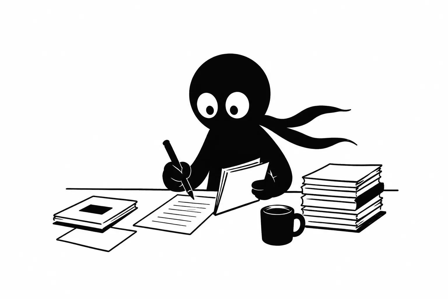 Kiro révise un manuscrit entouré de notes et de livres sur un bureau minimaliste noir et blanc