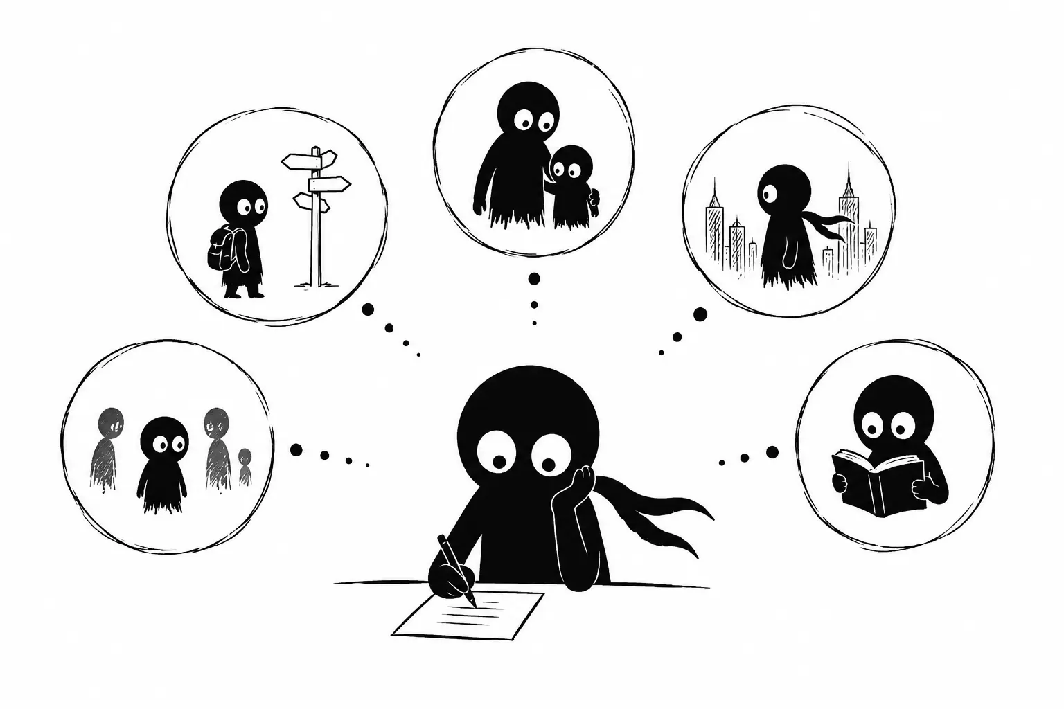 Kiro construit sa vision du monde en réfléchissant à son passé, sa famille, son éducation et ses expériences de vie dans une illustration minimaliste noir et blanc.