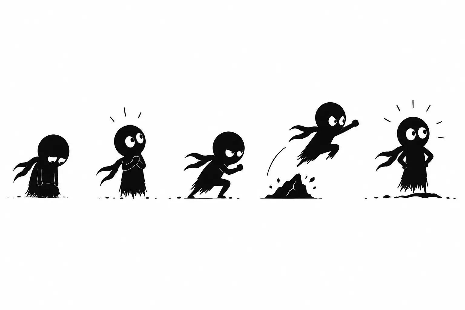 Kiro passe de l’hésitation à l’action dans une illustration minimaliste représentant l’évolution du personnage à travers ses choix et ses épreuves
