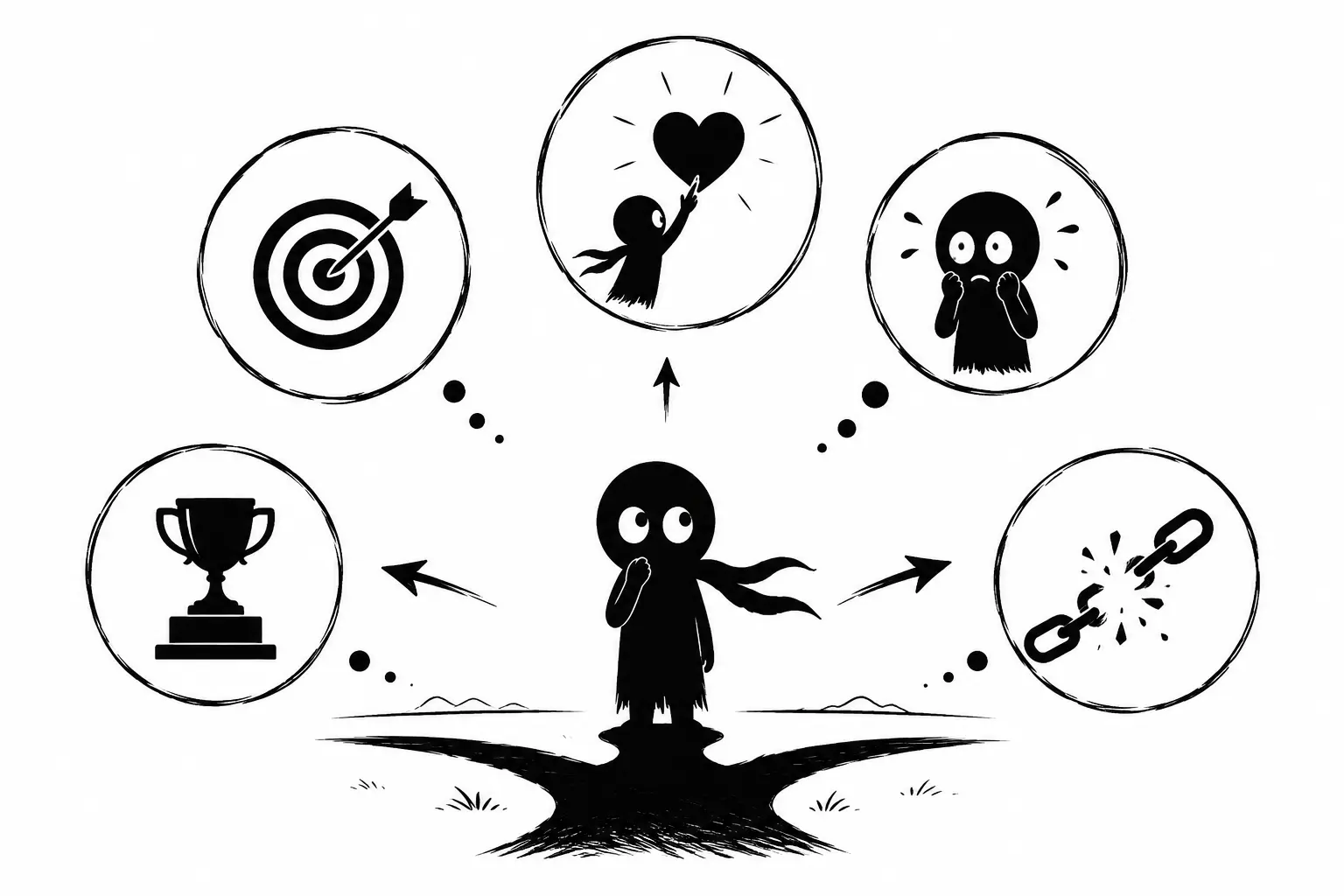 Kiro avance vers un objectif lumineux tout en affrontant une immense ombre symbolisant ses peurs, ses désirs et ses conflits intérieurs dans une illustration minimaliste noir et blanc.