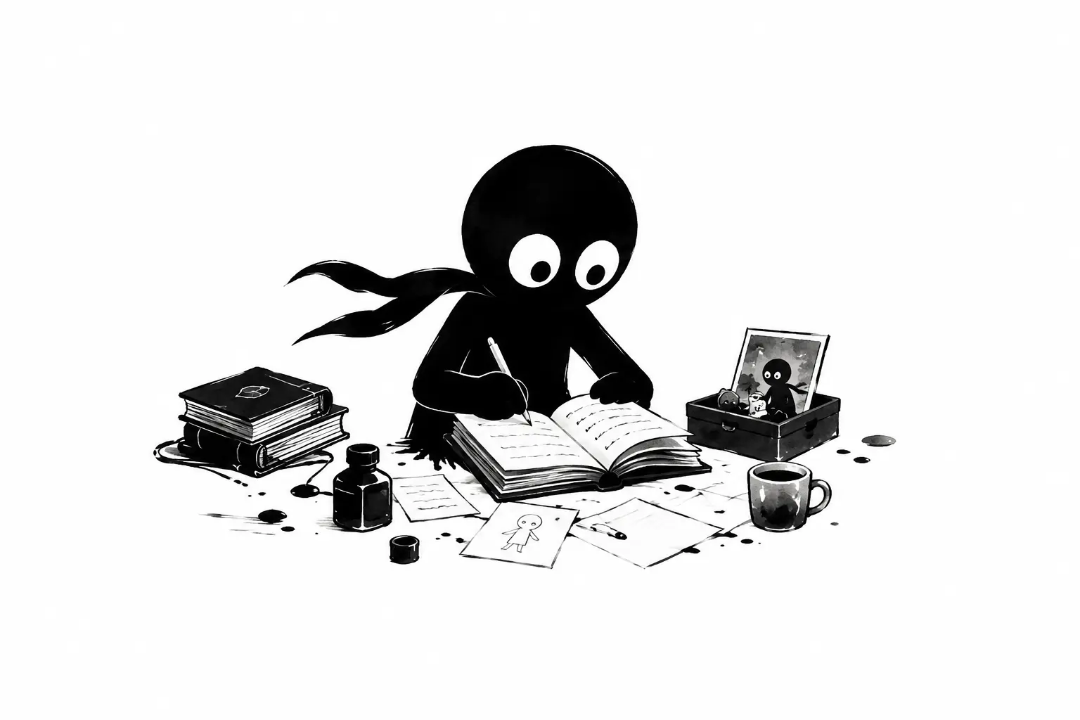 Kiro écrit dans un carnet entouré de souvenirs et d’objets symbolisant le passé et la construction d’un personnage.