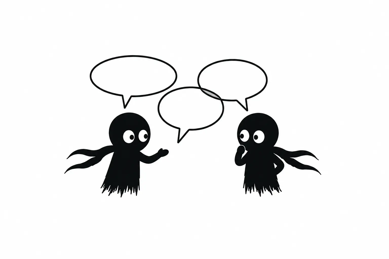 Kiro discute avec un autre personnage dans une scène minimaliste représentant le dialogue et l’expression des émotions sur fond blanc