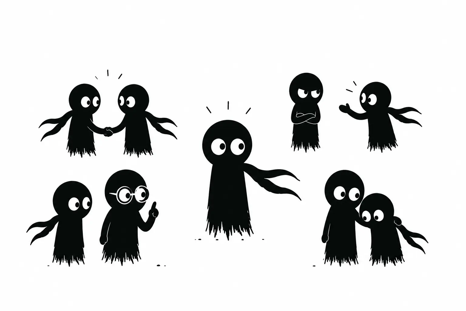 Kiro entouré de plusieurs personnages dans une illustration minimaliste représentant les relations, les tensions et la dynamique de groupe
