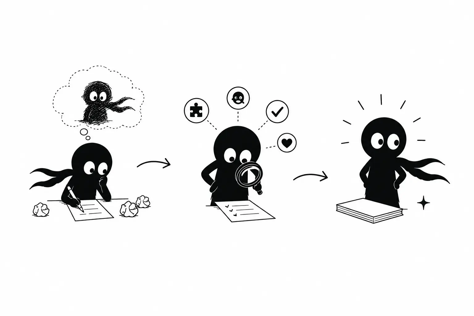 Kiro révise et améliore son travail dans une illustration minimaliste représentant la cohérence narrative et l’évolution d’un personnage