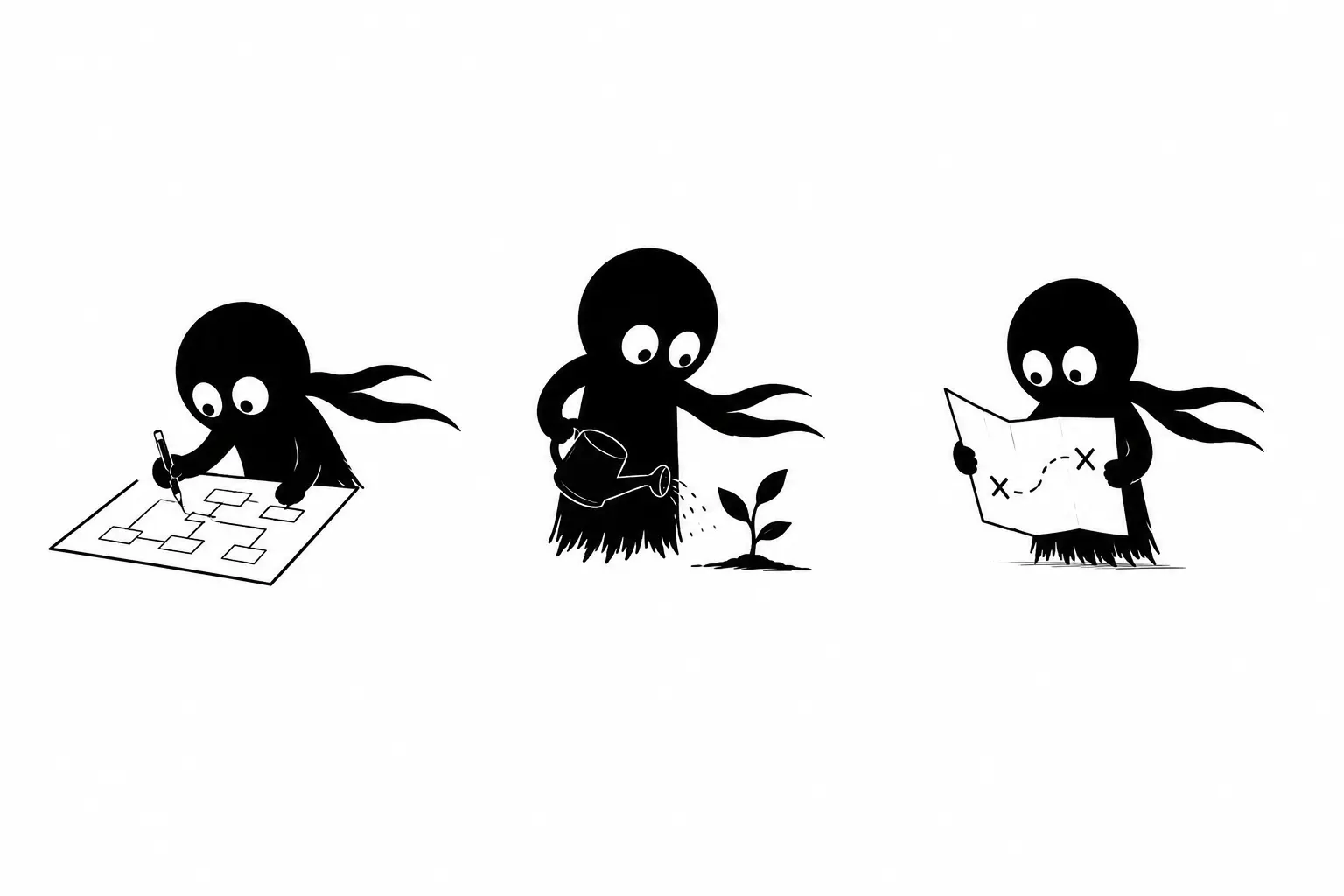 Kiro explore les différents profils d’écrivain entre planification structurée et écriture intuitive dans une illustration minimaliste noir et blanc.