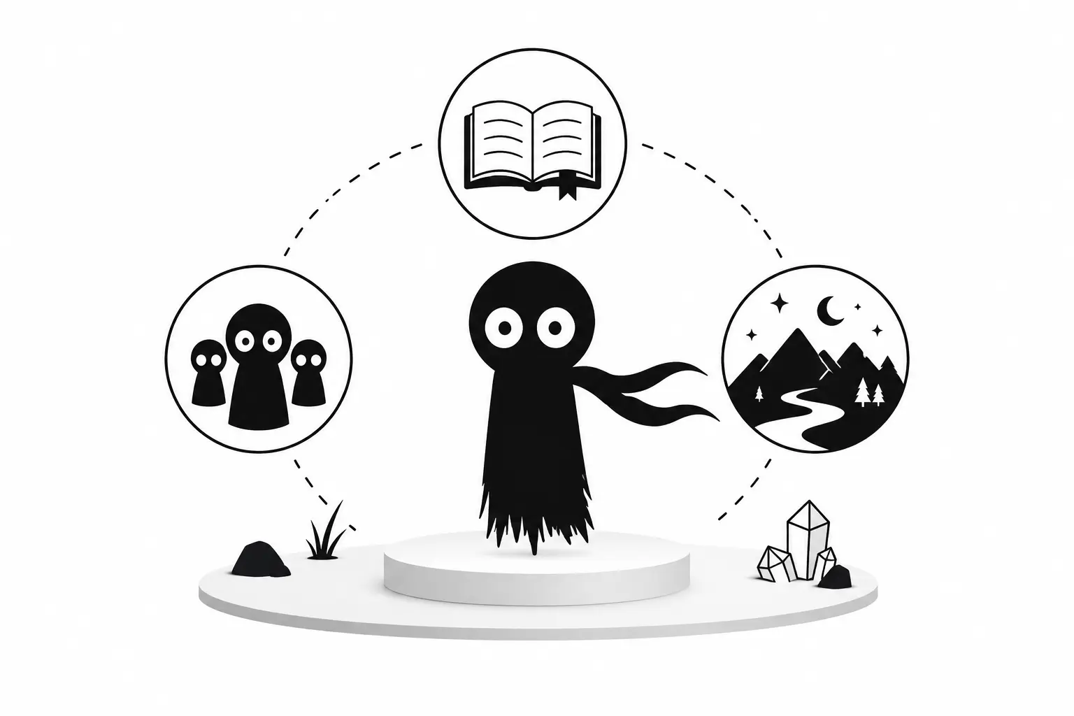 Kiro explore les piliers du récit entre personnages, intrigue et univers imaginaires dans une illustration minimaliste noir et blanc.