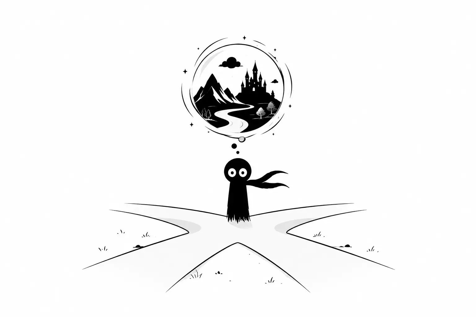 Kiro contemple plusieurs chemins tandis qu’un univers imaginaire apparaît au dessus de lui sur fond blanc minimaliste