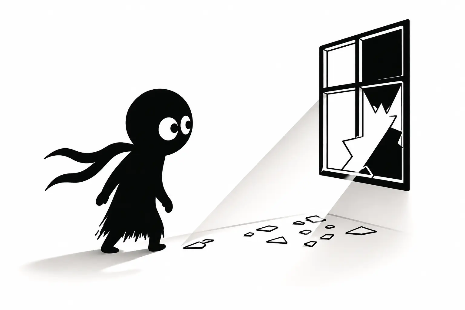 Kiro observe une fenêtre brisée dans une pièce sombre, entouré d’éclats de verre sur un fond blanc minimaliste.