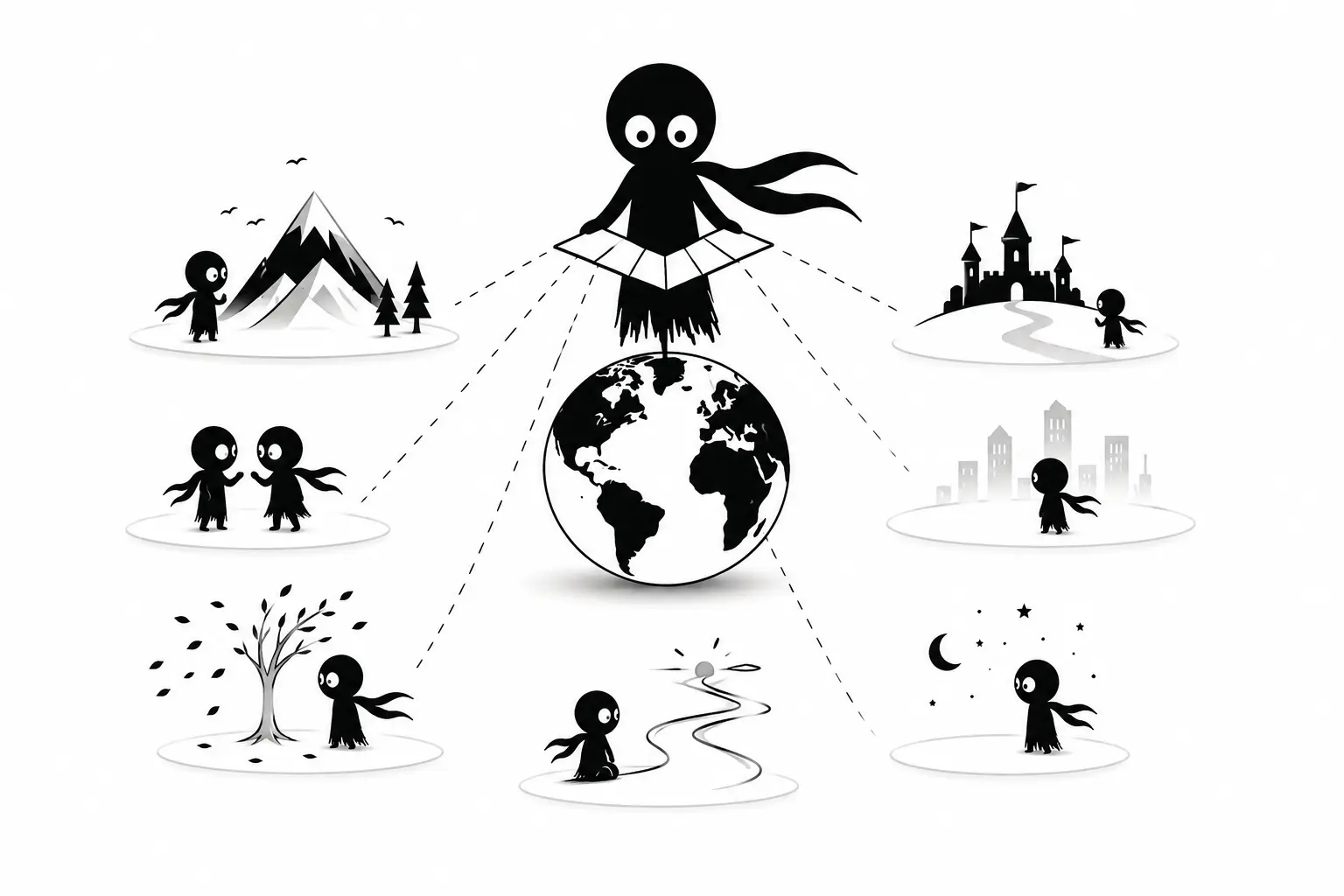 Kiro domine une carte du monde et observe plusieurs scènes reliées entre elles dans une illustration minimaliste en noir et blanc.
