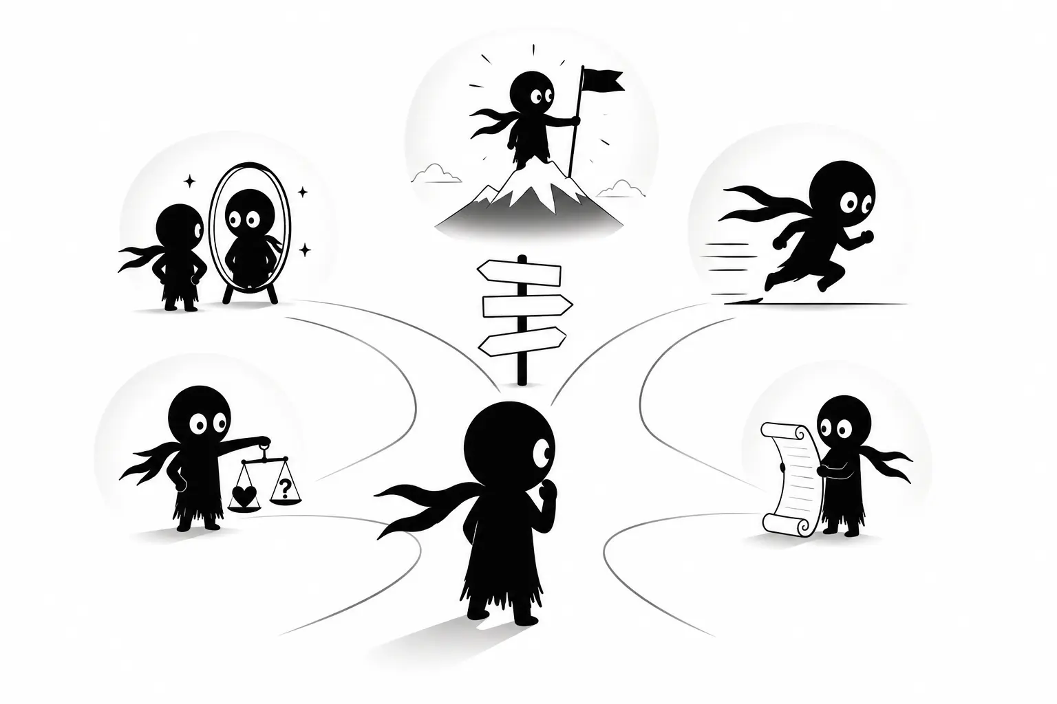 Kiro réfléchit à plusieurs chemins narratifs possibles au centre d’une scène minimaliste en noir et blanc.