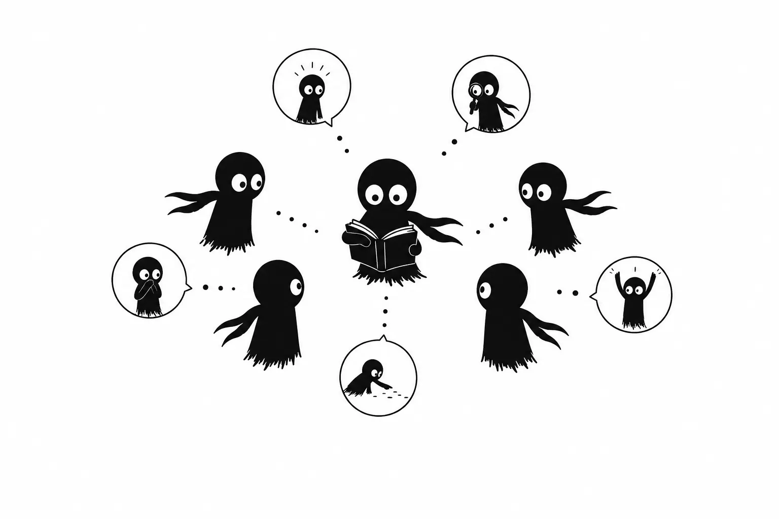 Kiro entouré de plusieurs narrateurs représentant la multiplicité des points de vue dans un récit, illustration minimaliste noir et blanc sur fond blanc