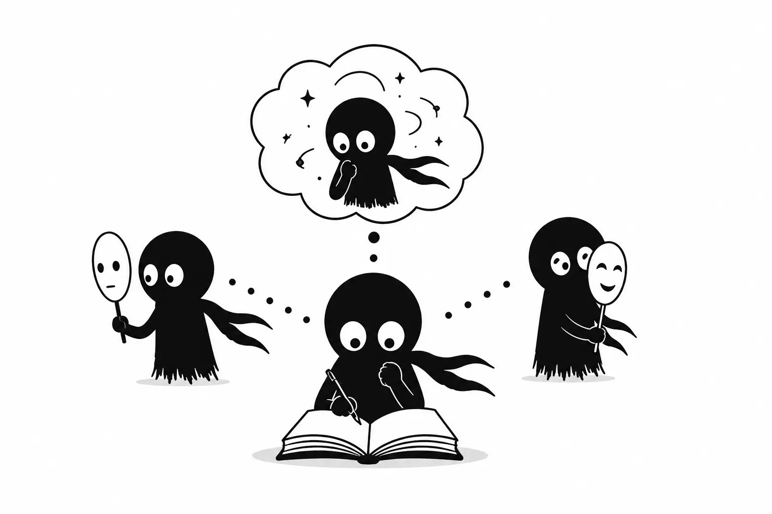 Kiro face aux masques de la vérité et de la manipulation narrative dans une illustration minimaliste noir et blanc