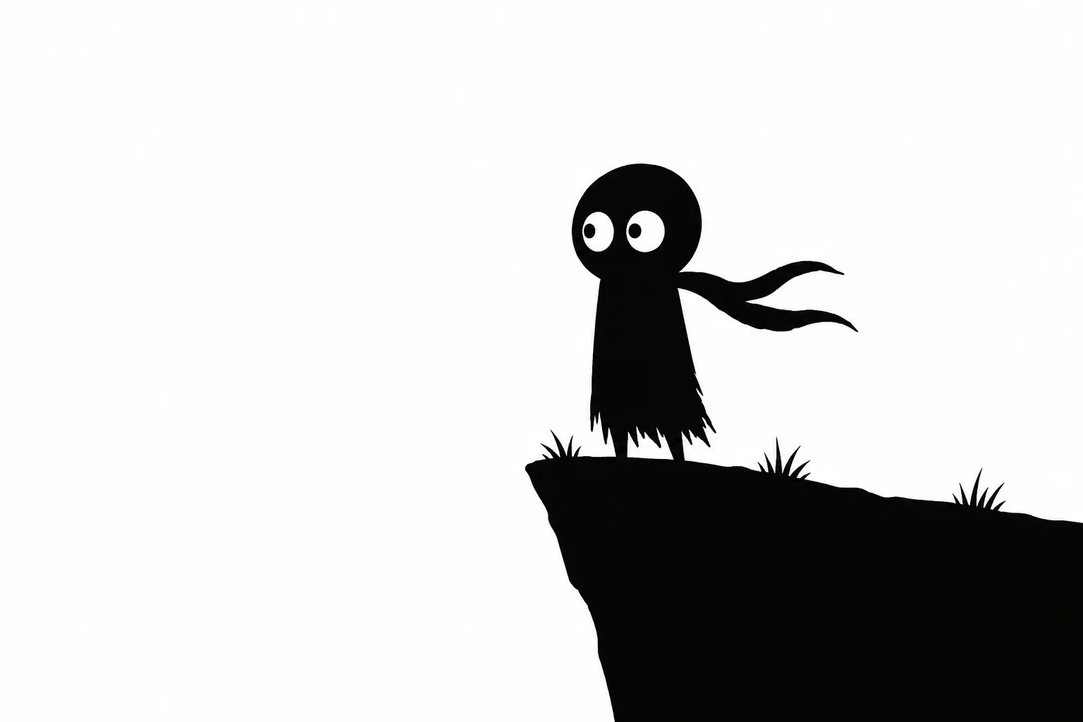 Kiro observe l’horizon depuis une falaise dans une illustration minimaliste noir et blanc évoquant la curiosité et l’ouverture d’un récit