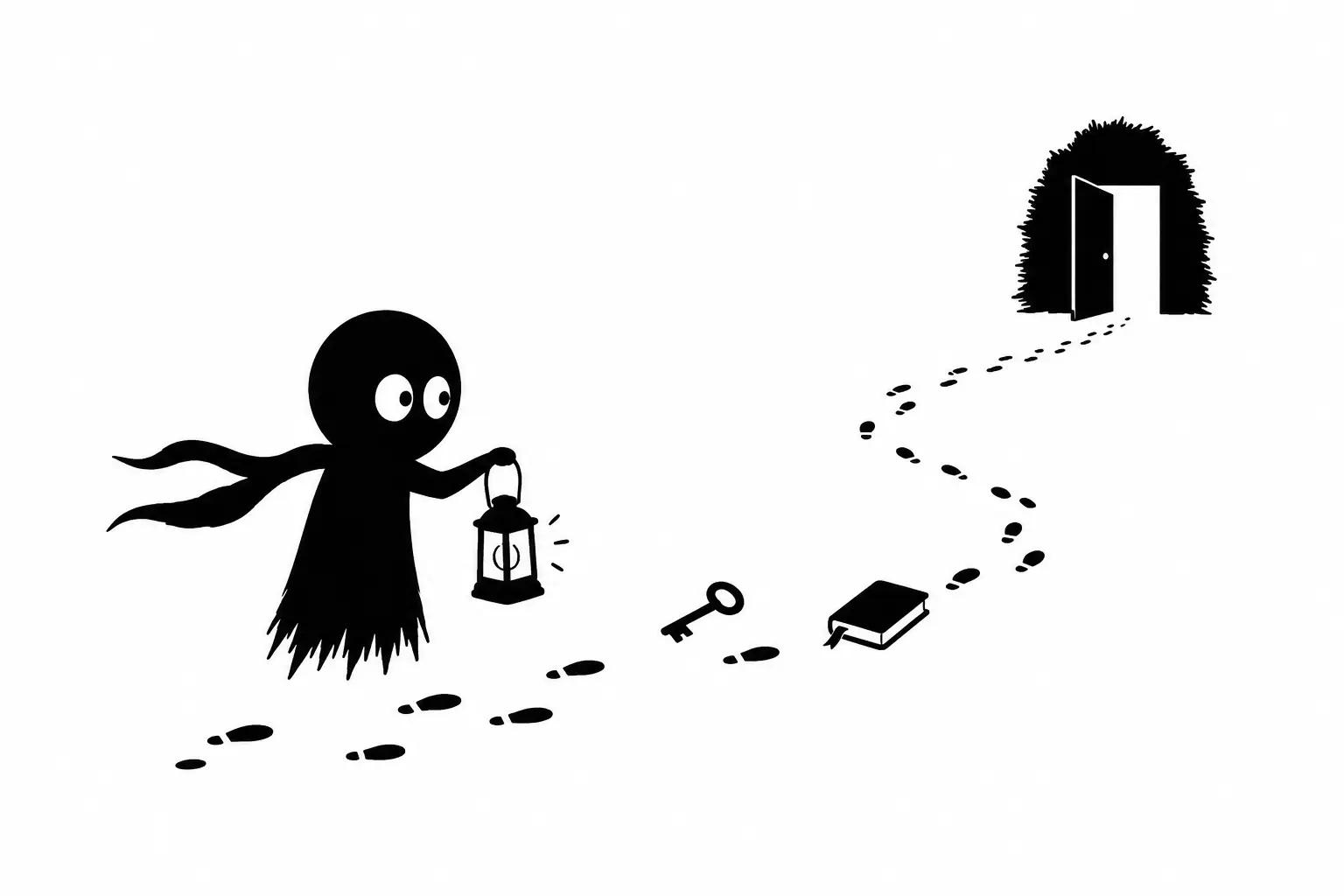 Kiro avance avec une lanterne sur un chemin mystérieux semé d’indices vers une porte lumineuse dans une illustration minimaliste noir et blanc