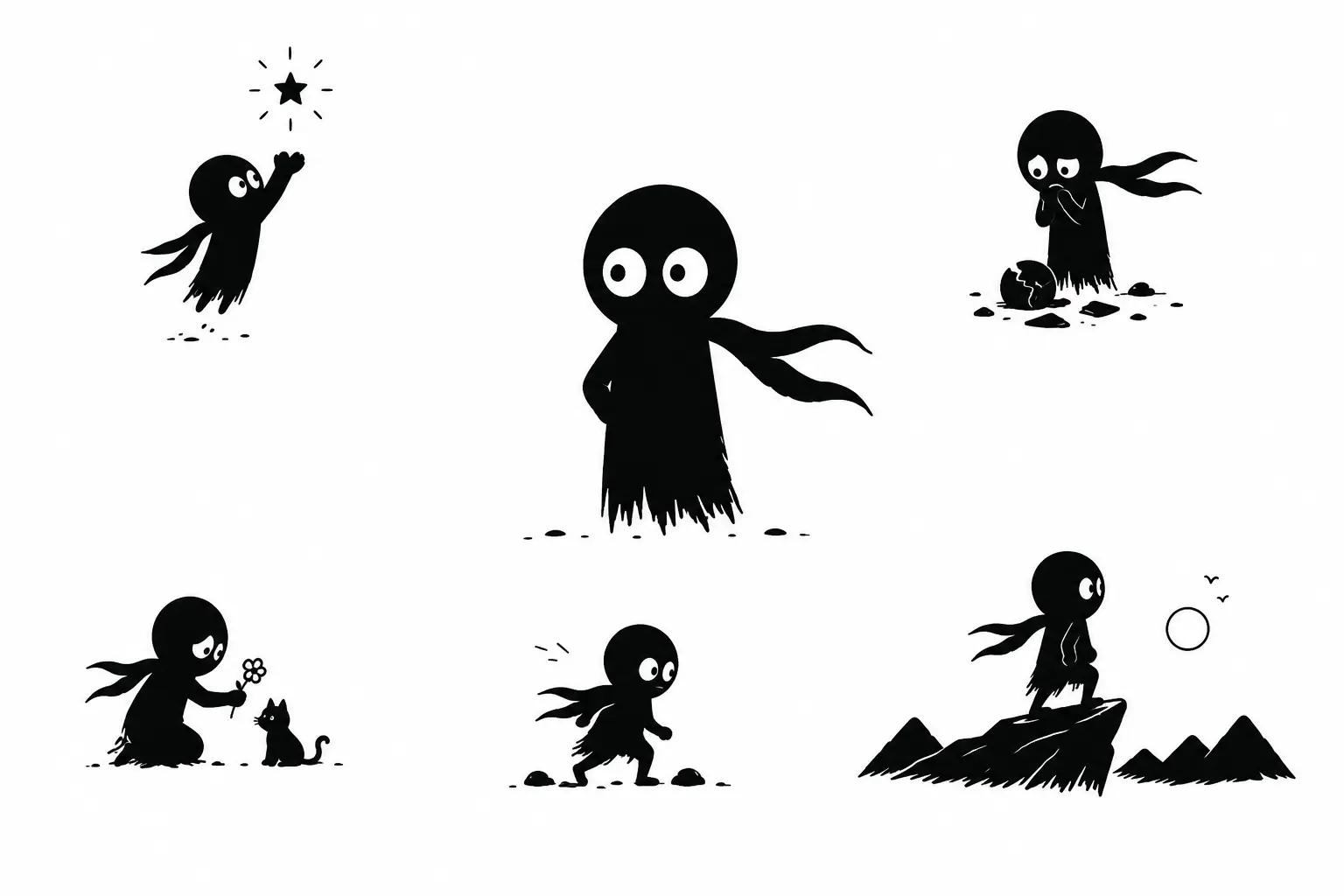 Kiro explore ses émotions et son évolution intérieure à travers plusieurs scènes minimalistes en noir et blanc sur fond blanc