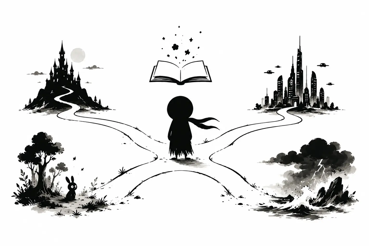 Kiro face à plusieurs chemins narratifs représentant différents univers et tonalités dans une illustration minimaliste en noir et blanc