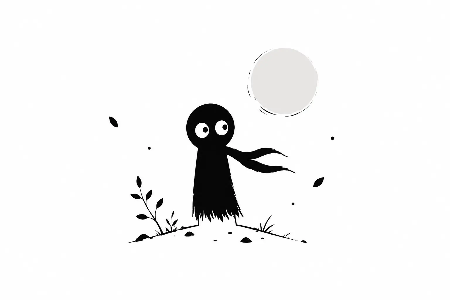Kiro explore un paysage minimaliste en noir et blanc sous une lune pâle, porté par une atmosphère sensorielle et contemplative.
