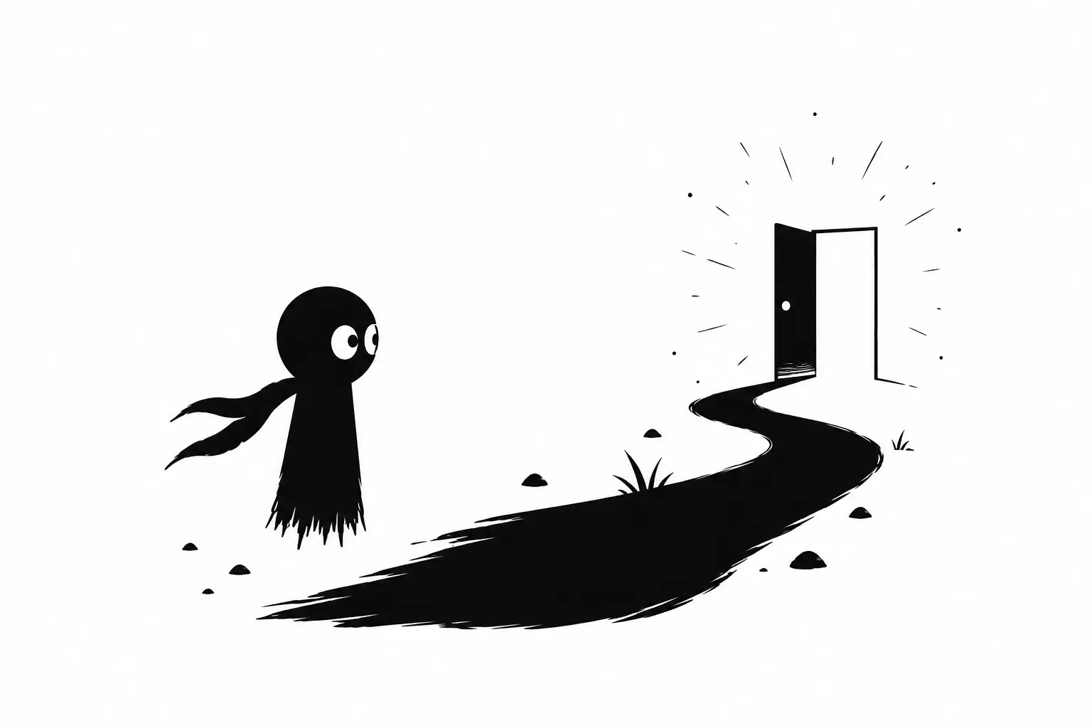 Kiro avance vers une porte lumineuse au bout d’un chemin sombre dans une illustration minimaliste en noir et blanc.