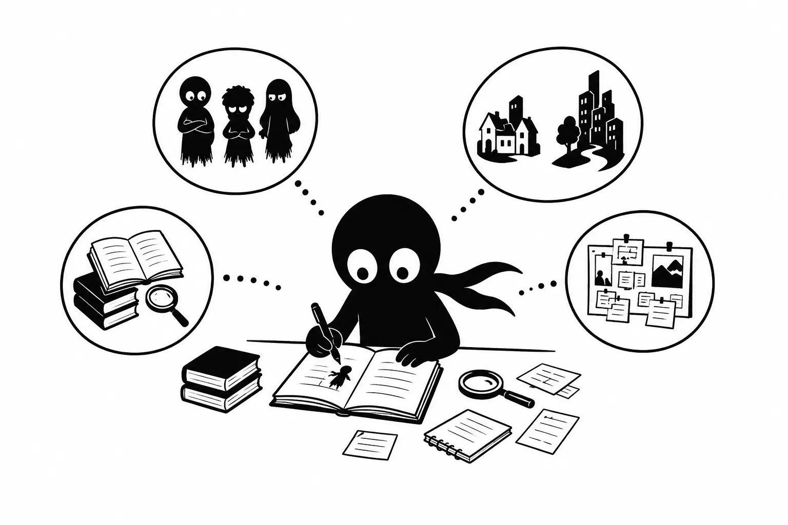 Kiro construit l’univers de son roman en développant personnages, lieux et recherches autour de son projet d’écriture