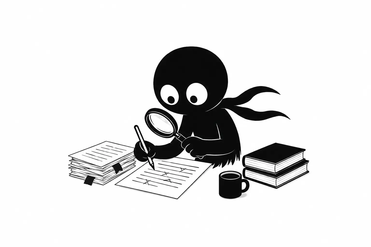 Kiro corrige un manuscrit avec une loupe et un stylo sur un bureau entouré de piles de feuilles et de livres