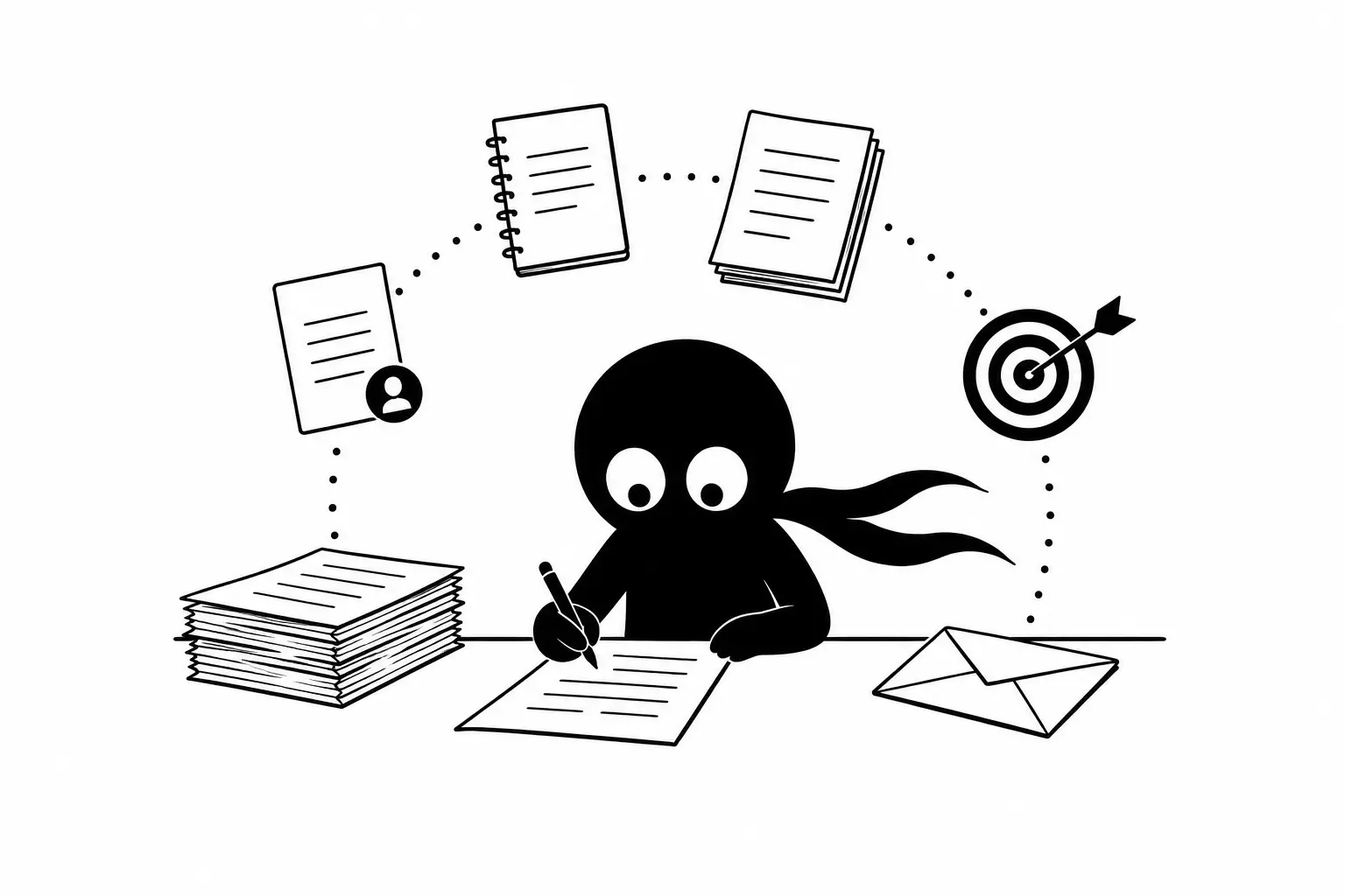 Kiro prépare un dossier de soumission complet devant une maison d’édition avec manuscrit, lettre et synopsis