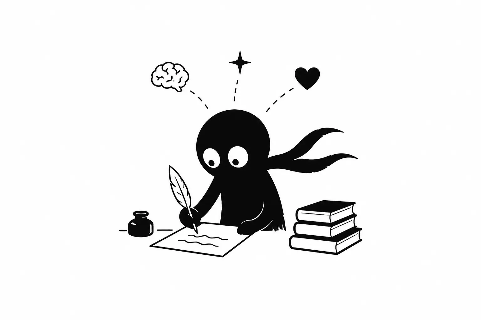 Illustration minimaliste de Kiro écrivant avec une plume, entouré de symboles d’inspiration et de réflexion sur fond blanc.