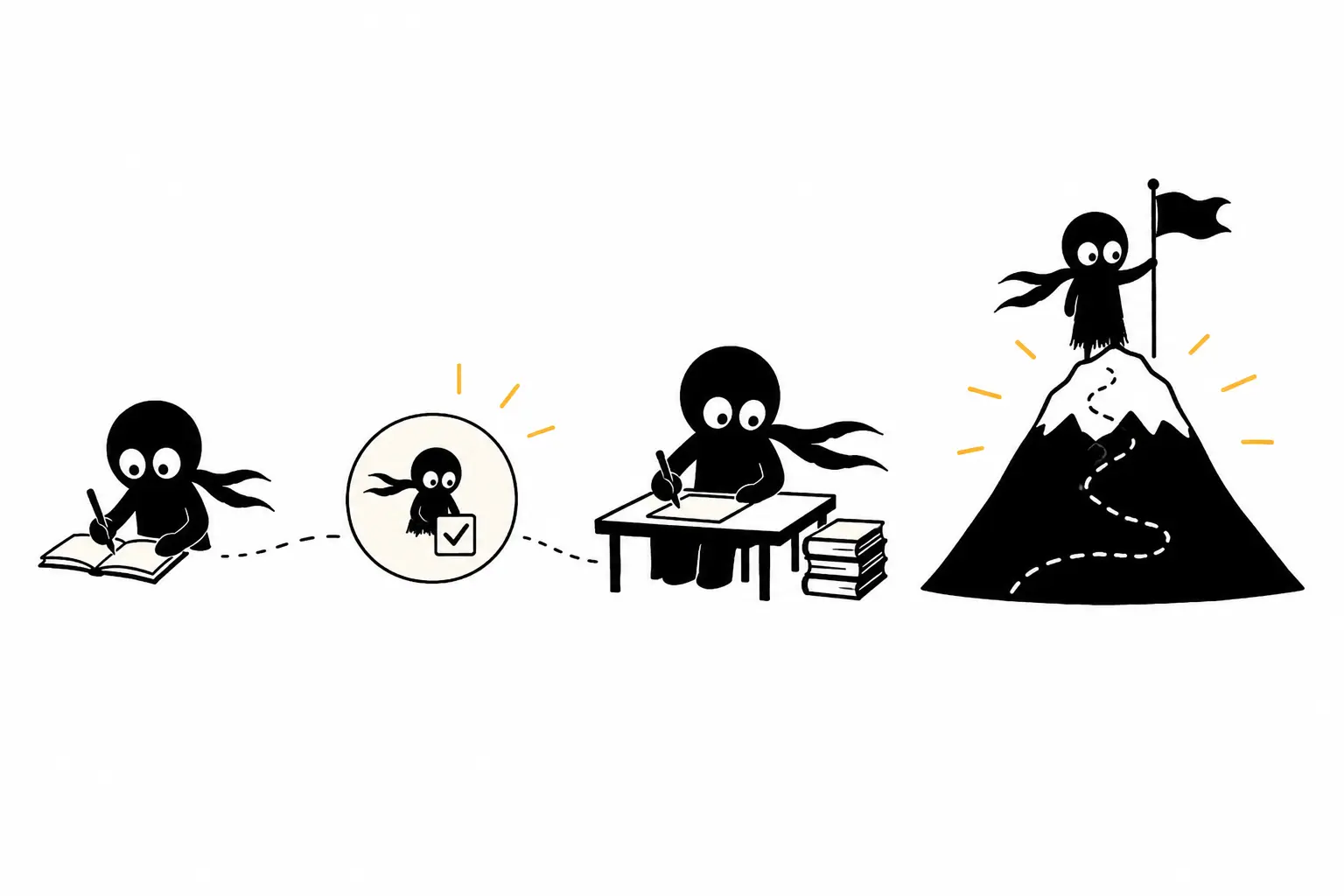 Illustration minimaliste de Kiro avançant étape par étape grâce à de petits objectifs quotidiens pour atteindre un grand objectif d’écriture.