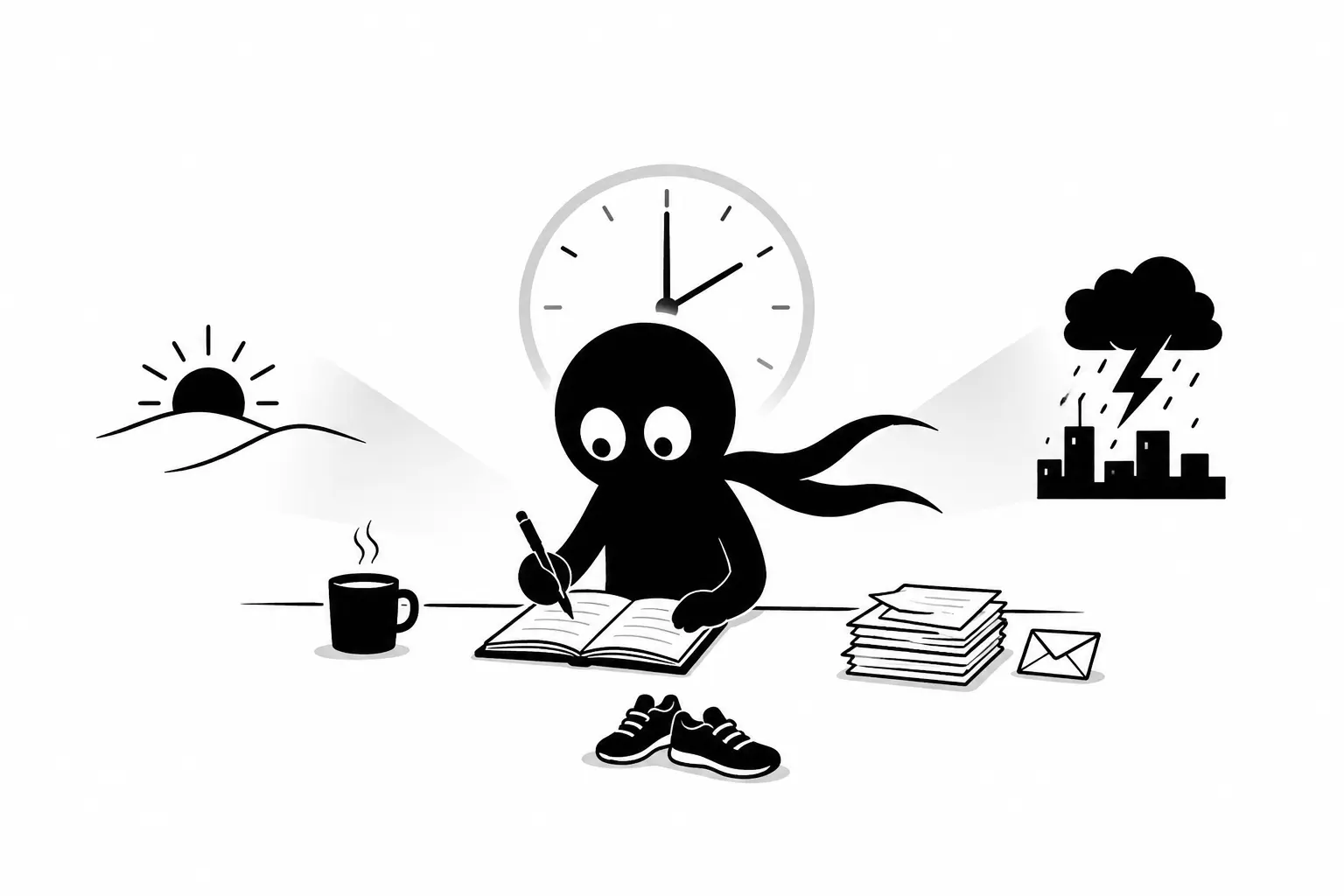 Illustration minimaliste noir et blanc de Kiro écrivant à son bureau pendant ses heures de concentration maximale, entouré d’une horloge, d’un café, d’un lever de soleil et de tâches secondaires symbolisant la gestion de l’énergie créative.
