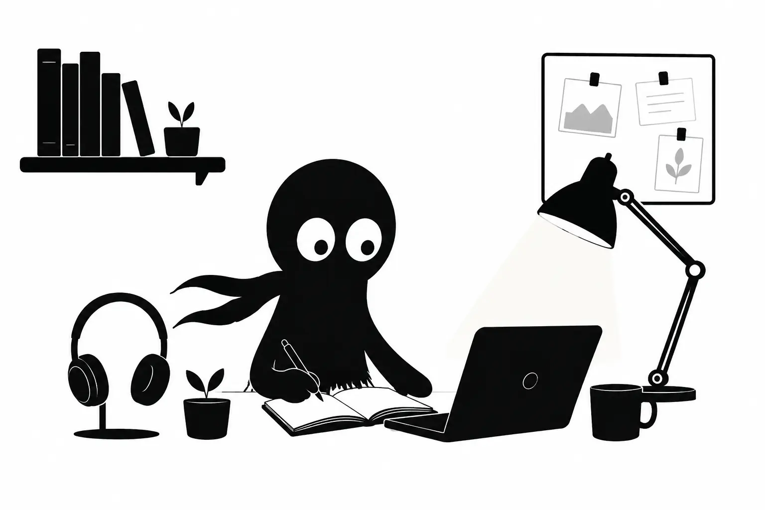 Illustration minimaliste en noir et blanc d’un personnage Kiro écrivant à un bureau organisé avec ordinateur, casque audio, lampe, livres et plantes sur fond blanc.
