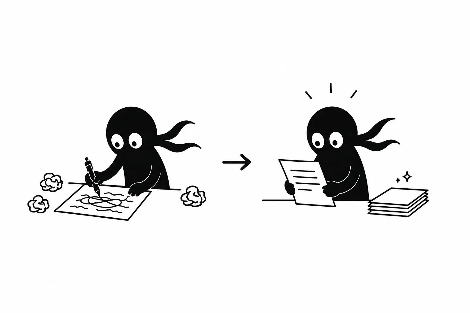 Illustration minimaliste en noir et blanc d’un personnage Kiro écrivant un brouillon désordonné puis relisant une version propre et corrigée de son texte.