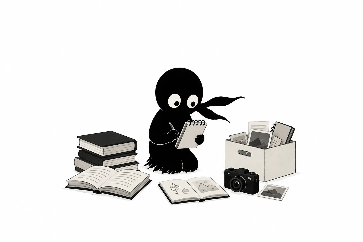 Kiro collecte des idées et nourrit son inspiration en écrivant dans un carnet entouré de livres, photos et objets créatifs sur fond blanc minimaliste.