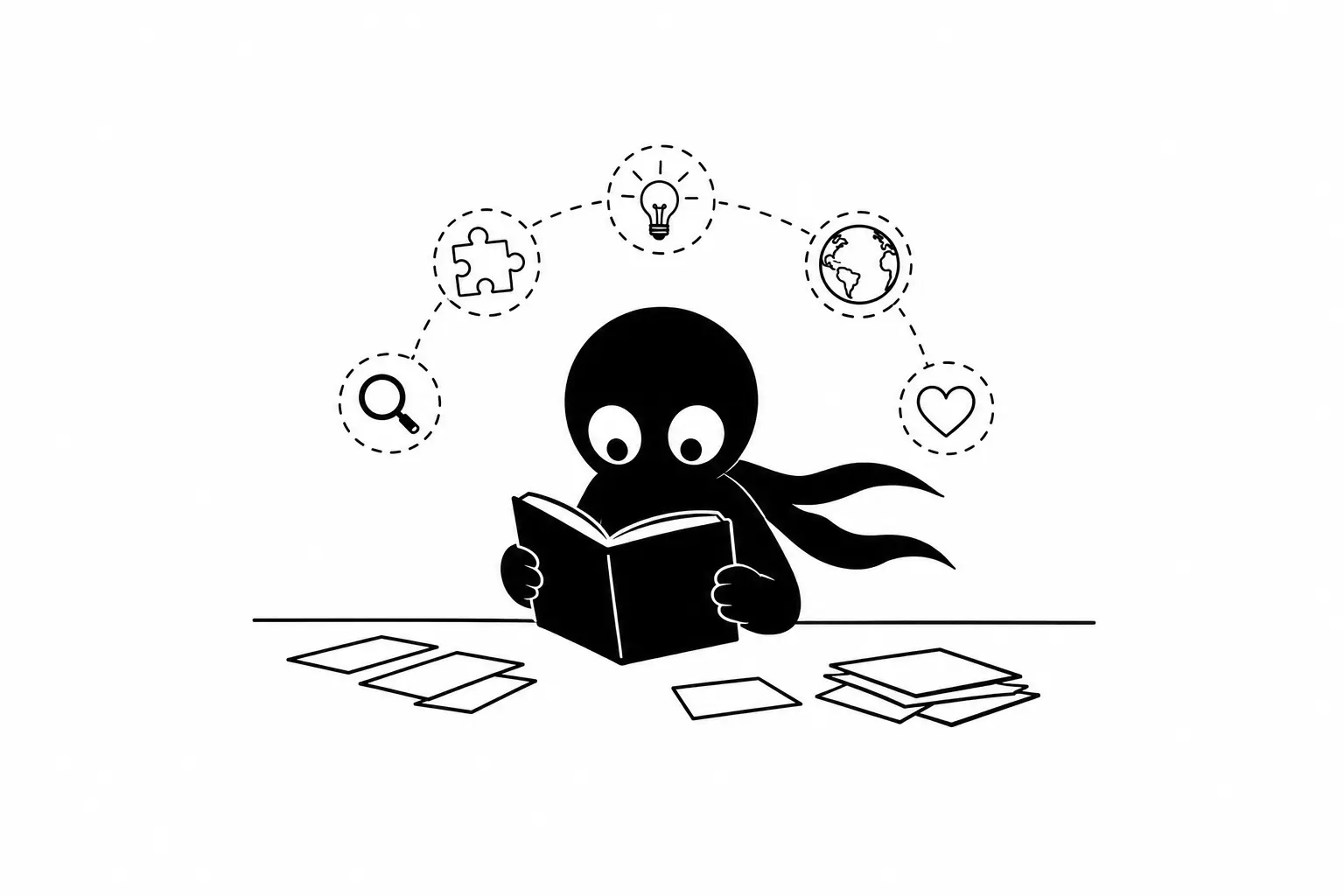 Kiro analyse le rythme d’un récit en lisant un livre entouré de symboles représentant la réflexion, l’inspiration et la structure narrative sur fond blanc minimaliste
