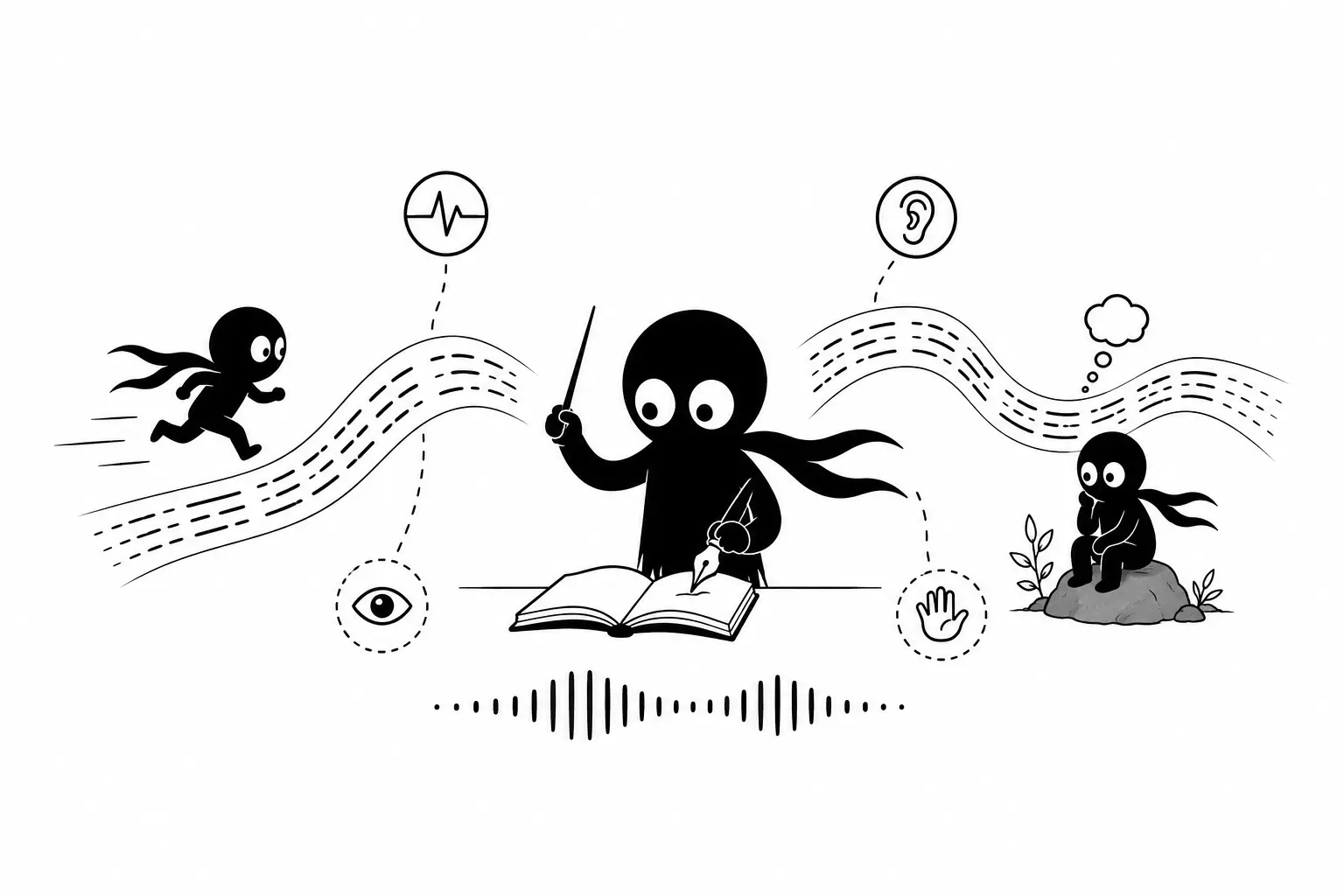 Kiro dirige le rythme de son écriture entre action rapide, réflexion intérieure et équilibre narratif dans une illustration minimaliste en noir et blanc