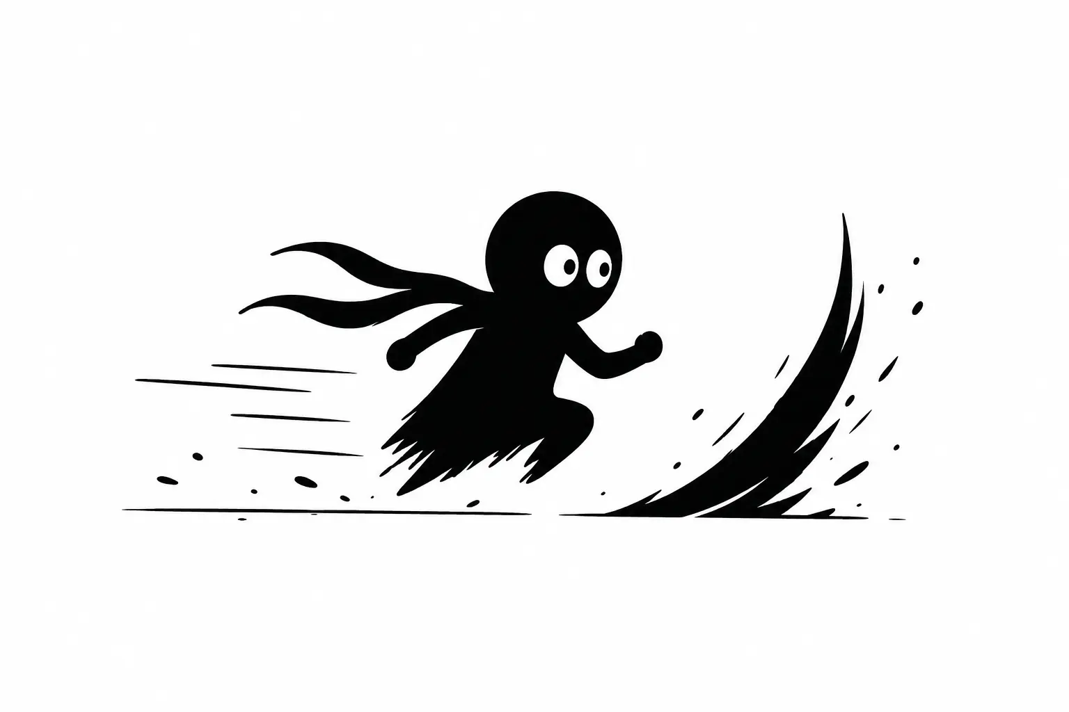 Kiro court à toute vitesse dans une scène d’action minimaliste avec des traits de mouvement noirs sur fond blanc