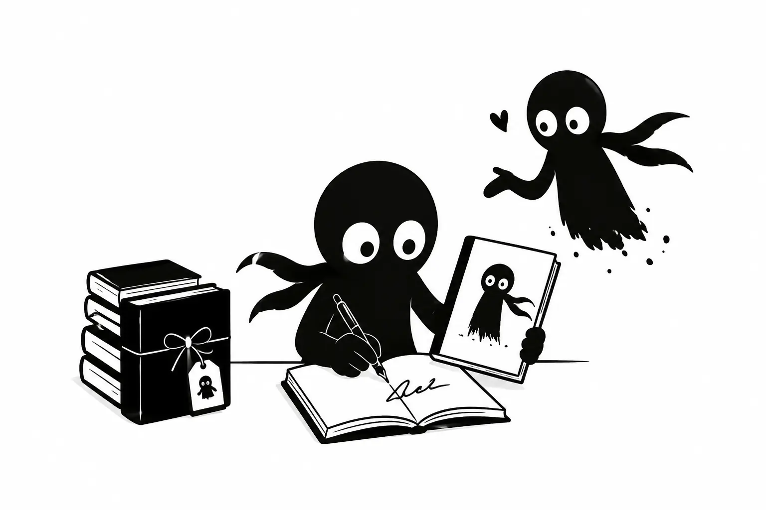 Illustration minimaliste en noir et blanc de Kiro signant un livre lors d’une dédicace, entouré de livres et représentant le lien entre identité d’auteur et autographe.