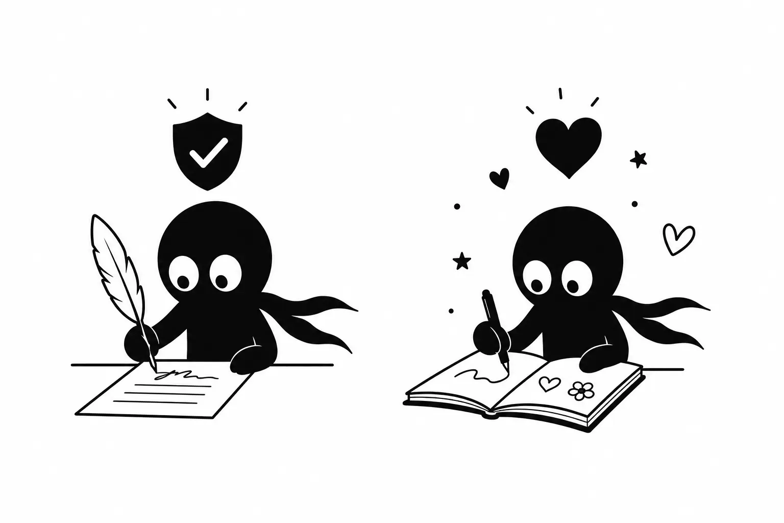 Kiro signe un document officiel d’une main et offre un autographe artistique de l’autre, illustrant la différence entre identité légale et signature créative.