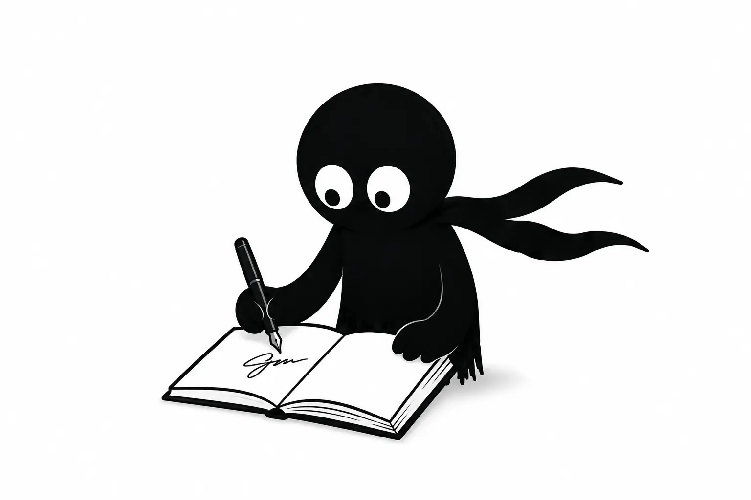 Kiro, personnage noir minimaliste aux grands yeux blancs, signe un livre avec un stylo plume sur fond blanc, illustrant une dédicace officielle simple et authentique.